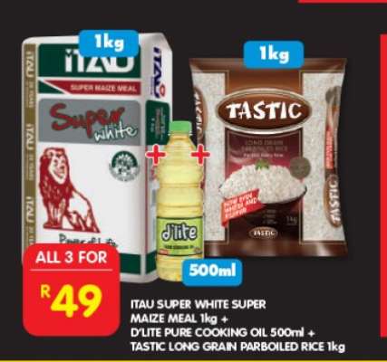ITAU SUPER WHITE SUPER MAIZE MEAL 1kg + D'LITE PURE COOKING OIL 500ml + TASTIC LONG GRAIN PARBOILED RICE 1kg