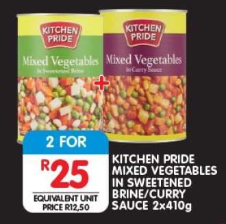 KITCHEN PRIDE MIXED VEGETABLES IN SWEETENED BRINE/CURRY SAUCE 2x410g
