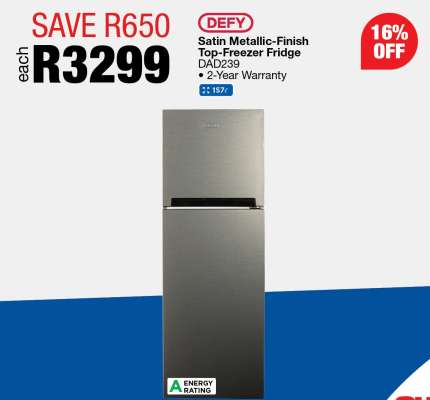 Defy Satin Metallic-Finish Top-Freezer Fridge DAD239