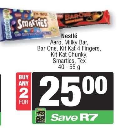 Nestlé Aero, Milky Bar, Bar One, Kit Kat 4 Fingers, Kit Kat Chunky, Smarties, Tex
