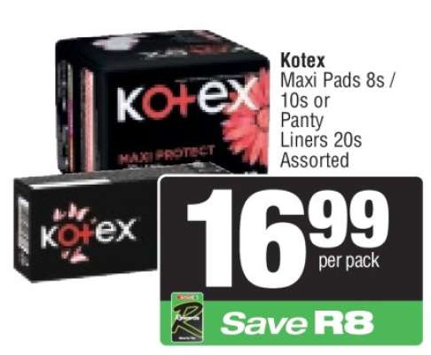Kotex Maxi Pads 8s / 10s or Panty Liners 20s Assorted