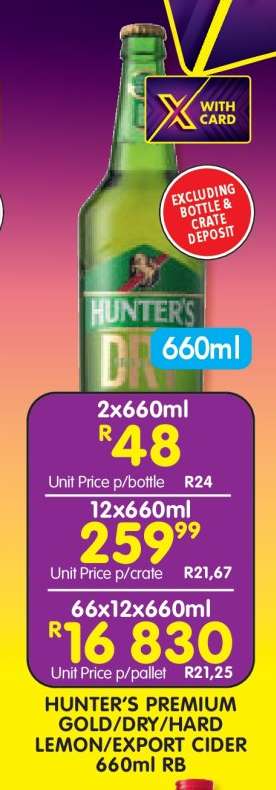 HUNTER'S PREMIUM GOLD/DRY/HARD LEMON/EXPORT CIDER 660ml RB