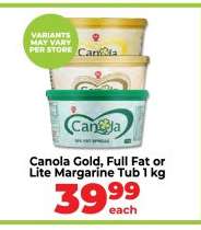 Canola Gold, Full Fat or Lite Margarine Tub 1 kg