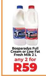 Bosparadys Full Cream or Low Fat Fresh Milk 2 L