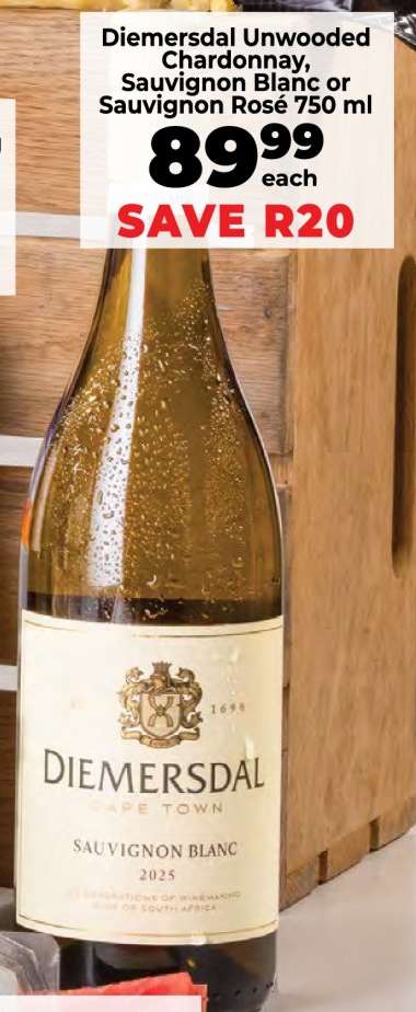 Diemersdal Unwooded Chardonnay, Sauvignon Blanc or Sauvignon Rosé 750 ml