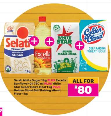 Selati White Sugar 1 kg, Excella Sunflower Oil 750 ml, White Star Super Maize Meal 1 kg, Golden Cloud Self Raising Wheat Flour 1 kg