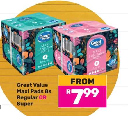 Great Value Maxi Pads 8s Regular or Super