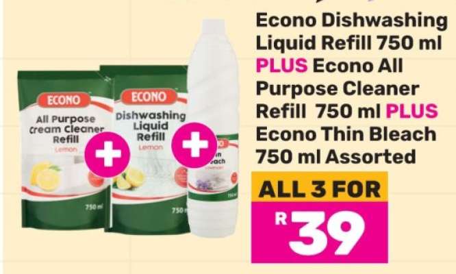 Econo Dishwashing Liquid Refill 750 ml PLUS Econo All Purpose Cleaner Refill 750 ml PLUS Econo Thin Bleach 750 ml Assorted