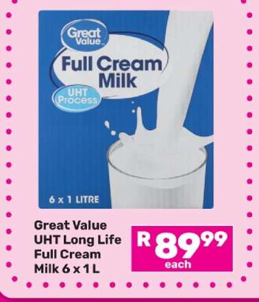 Great Value UHT Long Life Full Cream Milk 6 x 1 L