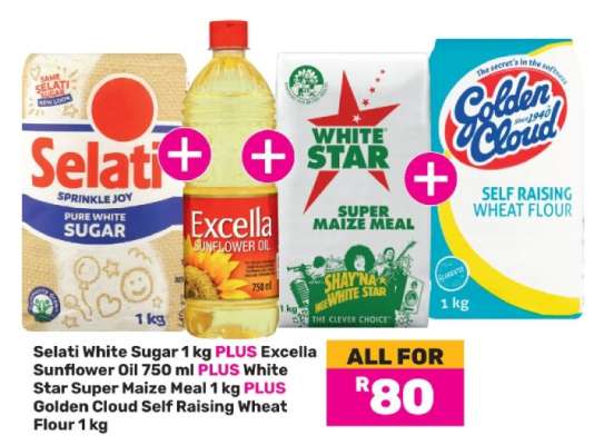 Selati White Sugar 1 kg, Excella Sunflower Oil 750 ml, White Star Super Maize Meal 1 kg, Golden Cloud Self Raising Wheat Flour 1 kg