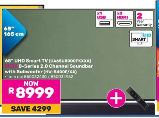 65” UHD Smart TV (UA65U8000FKXXA) PLUS B-Series 2.0 Channel Soundbar with Subwoofer (HW-B400F/XA)