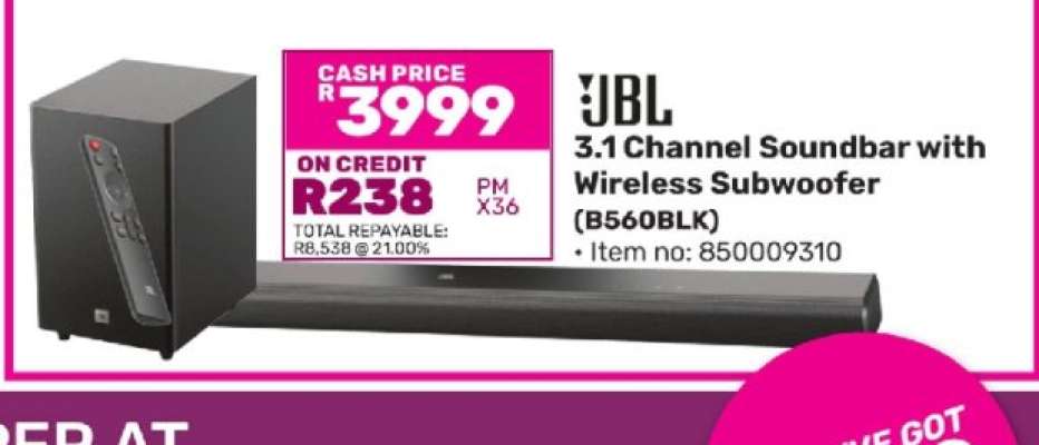 JBL 3.1 Channel Soundbar with Wireless Subwoofer (B560BLK)