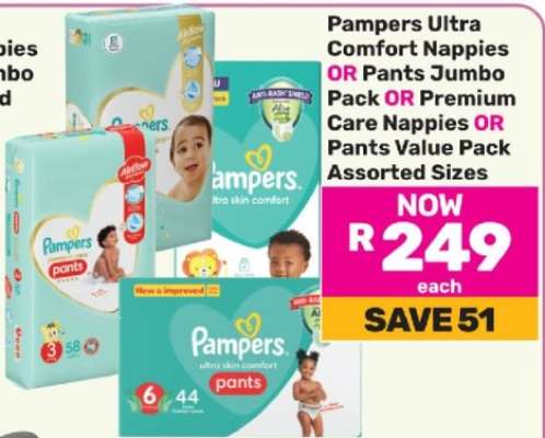 Pampers Ultra Comfort Nappies OR Pants Jumbo Pack OR Premium Care Nappies OR Pants Value Pack Assorted Sizes