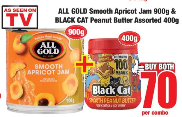 ALL GOLD Smooth Apricot Jam 900g & BLACK CAT Peanut Butter Assorted 400g