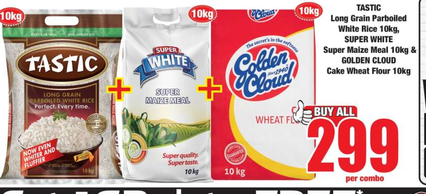 TASTIC Long Grain Parboiled White Rice 10kg, SUPER WHITE Super Maize Meal 10kg & GOLDEN CLOUD Cake Wheat Flour 10kg