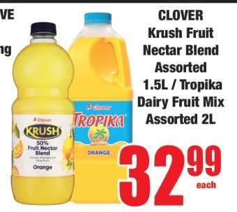 CLOVER Krush Fruit Nectar Blend Assorted 1.5L / Tropika Dairy Fruit Mix Assorted 2L