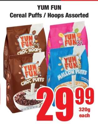YUM FUN Cereal Puffs / Hoops Assorted