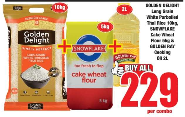 GOLDEN DELIGHT Long Grain White Parboiled Thai Rice 10kg, SNOWFLAKE Cake Wheat Flour 5kg & GOLDEN RAY Cooking Oil 2L