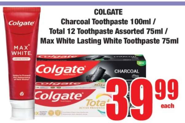 COLGATE Charcoal Toothpaste 100ml / Total 12 Toothpaste Assorted 75ml / Max White Lasting White Toothpaste 75ml