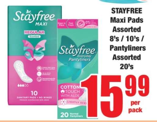 STAYFREE Maxi Pads Assorted 8's / 10's / Pantyliners Assorted 20's