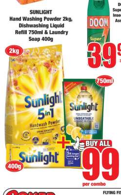 SUNLIGHT Hand Washing Powder 2kg, Dishwashing Liquid Refill 750ml & Laundry Soap 400g