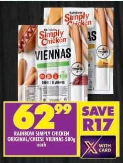 RAINBOW SIMPLY CHICKEN ORIGINAL/CHEESE VIENNAS 500g