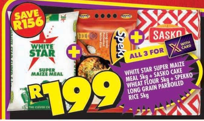 White Star Super Maize Meal 5kg + Sasko Cake Wheat Flour 5kg + Spekko Long Grain Parboiled Rice 5kg