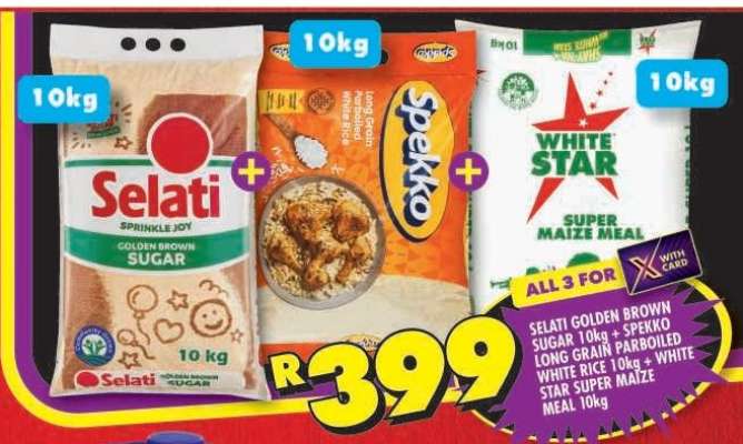 Selati Golden Brown Sugar 10kg + Spekko Long Grain Parboiled White Rice 10kg + White Star Super Maize Meal 10kg