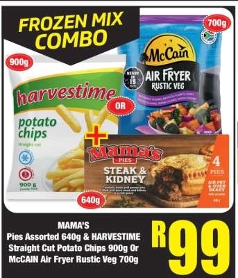 MAMA'S Pies Assorted 640g & HARVESTIME Straight Cut Potato Chips 900g Or McCAIN Air Fryer Rustic Veg 700g