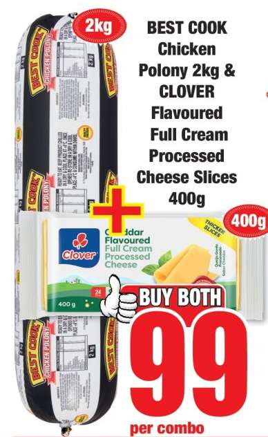 BEST COOK Chicken Polony 2kg & CLOVER Flavoured Full Cream Processed Cheese Slices 400g