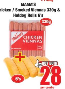 MAMA'S Chicken / Smoked Viennas 330g & Hotdog Rolls 6's