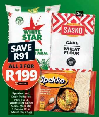 Spekko Long Grain Parboiled Rice 5kg & White Star Super Maize Meal 5kg & Sasko Cake Wheat Flour 5kg
