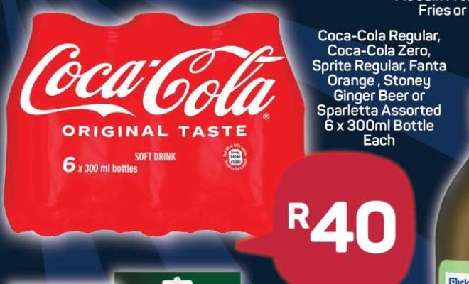 Coca-Cola Regular, Coca-Cola Zero, Sprite Regular, Fanta Orange, Stoney Ginger Beer or Sparletta Assorted 6 x 300ml Bottle Each