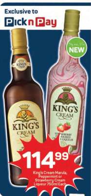 King’s Cream Marula, Peppermint or Strawberry Cream Liqueur 750ml Each