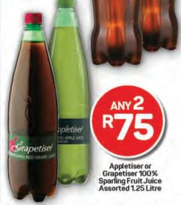Appletiser or Grapetiser 100% Sparling Fruit Juice Assorted 1.25 Litre