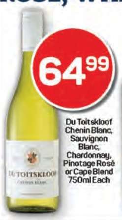 Du Toitskloof Chenin Blanc, Sauvignon Blanc, Chardonnay, Pinotage Rosé or Cape Blend