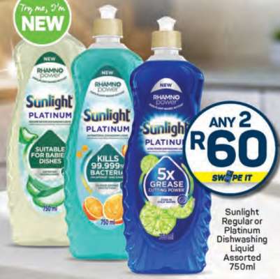Sunlight Regular or Platinum Dishwashing Liquid Assorted 750ml