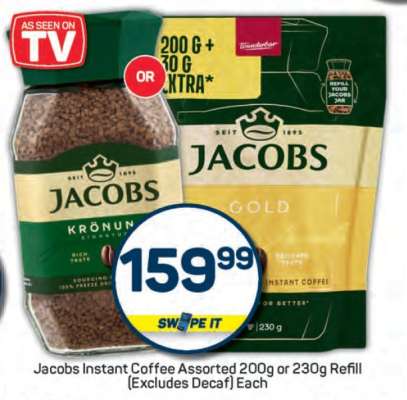 Jacobs Instant Coffee Assorted 200g or 230g Refill (Excludes Decaf) Each