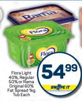 Flora Light 40%, Regular 50% or Rama Original 60% Fat Spread 1kg Tub Each