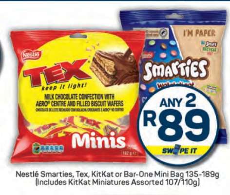 Nestlé Smarties, Tex, KitKat or Bar-One Mini Bag 135-189g