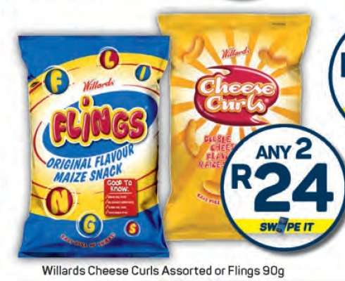Willards Cheese Curls Assorted or Flings 90g