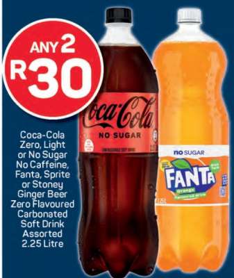 Coca-Cola Zero, Light or No Sugar No Caffeine, Fanta, Sprite or Stoney Ginger Beer Zero Flavoured Carbonated Soft Drink Assorted 2.25 Litre