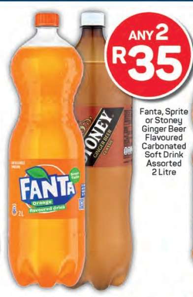 Fanta, Sprite or Stoney Ginger Beer Flavoured Carbonated Soft Drink Assorted 2 Litre
