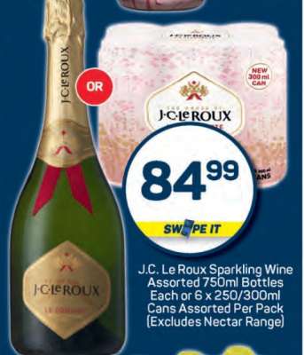 J.C. Le Roux Sparkling Wine Assorted 750ml Bottles Each or 6 x 250/300ml Cans Assorted Per Pack (Excludes Nectar Range)