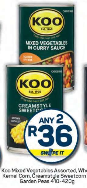 Koo Mixed Vegetables Assorted, Whole Kernel Corn, Creamstyle Sweetcorn, Garden Peas 410-420g