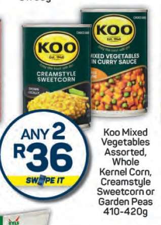 Koo Mixed Vegetables Assorted, Whole Kernel Corn, Creamstyle Sweetcorn or Garden Peas