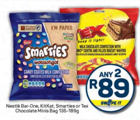 Nestlé Bar-One, KitKat, Smarties or Tex Chocolate Minis Bag 135-189g