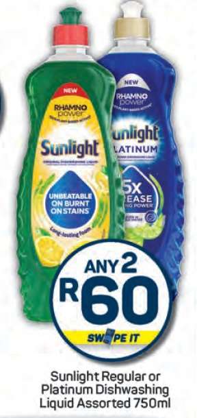 Sunlight Regular or Platinum Dishwashing Liquid Assorted 750ml