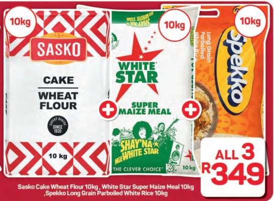 Sasko Cake Wheat Flour 10kg, White Star Super Maize Meal 10kg, Spekko Long Grain Parboiled White Rice 10kg