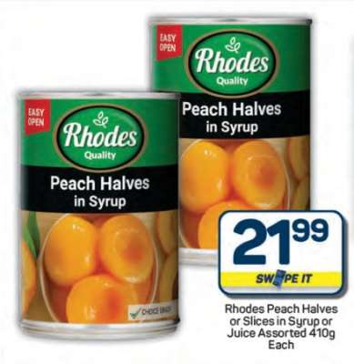 Rhodes Peach Halves or Slices in Syrup or Juice Assorted 410g